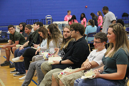 Students await their turn to donate at the blood drive.