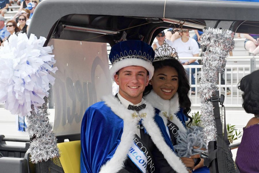 Homecoming King Kyle Benacquisto, and Queen Madison Guillory take their ride around the track at Challenger Columbia Stadium after being crowned Saturday.