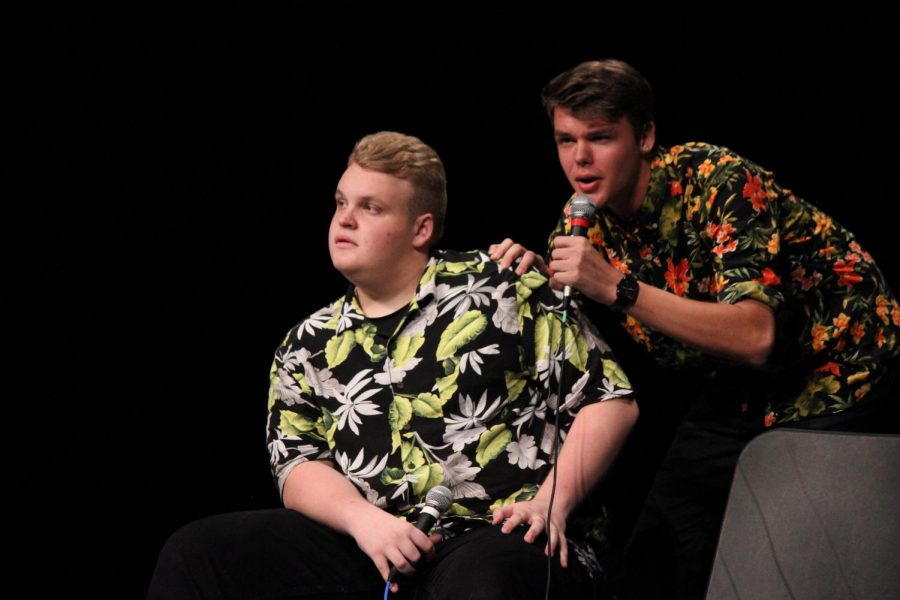 Will Bryne (12) and Noah Carlin (11) singing a duet from Dirty Rotten Scoundrel.