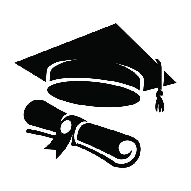 Graduation cap and diploma web icon. Black student hat vector illustration