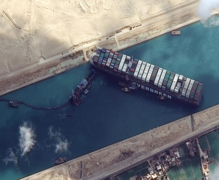 Ever Given container ship is pictured in Suez Canal in this Maxar Technologies satellite image taken on March 26, 2021. Maxar Technologies/Handout via REUTERS ATTENTION EDITORS - THIS IMAGE HAS BEEN SUPPLIED BY A THIRD PARTY. MANDATORY CREDIT. NO RESALES. NO ARCHIVES. DO NOT OBSCURE LOGO.â€(R)