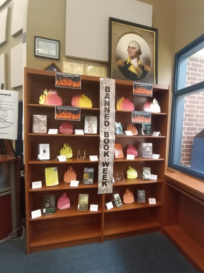 Banned books display in CSHS library.